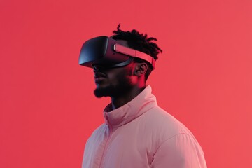Software developer experiencing virtual reality using headset