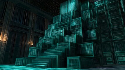 Fototapeta premium Futuristic Architectural Grid of Glowing Geometric Structures in Dark Abstract Sci-Fi Interior