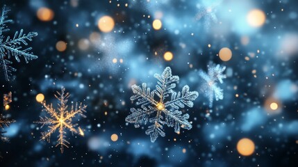 A blue sky with snowflakes falling and a bright light shining on them