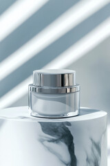 Minimalist Cosmetic Face Cream Display on Marble Stand