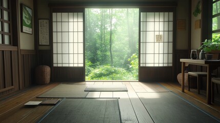 Obraz premium Tranquil Japanese Room with Nature View