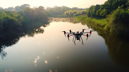 Drone Flying Over Fishery Monitoring Water Conditions and Environment