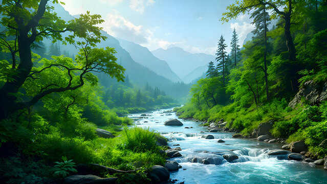 Serene Mountain River: A breathtaking landscape photograph of a pristine river flowing through a lush green valley, nestled amidst majestic mountains under a vibrant sky.  