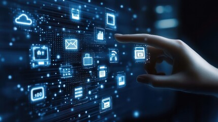 Hand touching a digital screen with icons of technology and online network connection, cloud storage, or security system on a dark blue background.