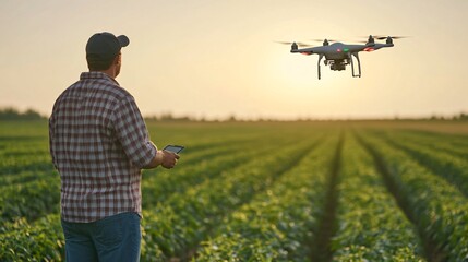 Farmer Using Drone Technology to Monitor a Large Agricultural Field