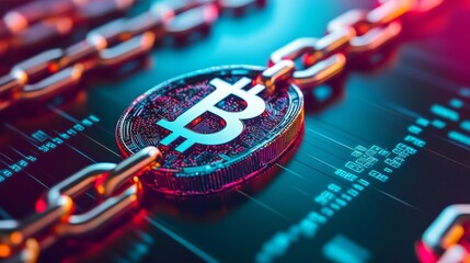 Obraz premium Blockchain disruption, digital web, hologram highlights, vibrant colors