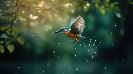 Colorful kingfisher flying, water droplets trailing, dynamic wildlife scene