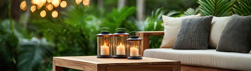 Outdoor seating area with glowing lanterns on wooden table surrounded by greenery