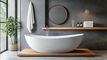 Interior of modern bathroom with white bathtub, round mirror and white towel on wooden shelf