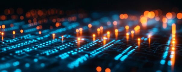Obraz premium Blockchain disruption, glowing hologram threads, futuristic digital environment