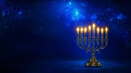 A lit menorah sits on a blue background