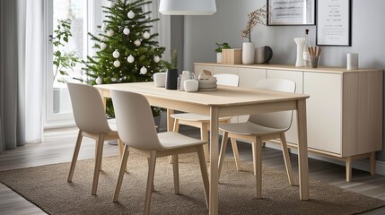 Modern Dining Room with Christmas Tree and Natural Decor