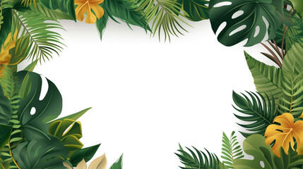 Naklejka premium A serene tropical background with lush green leaves of various shapes and sizes framing a soft watercolor like white space