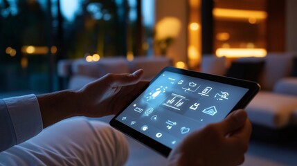 Man Controlling Smart Home Automation Via Tablet Screen at Night