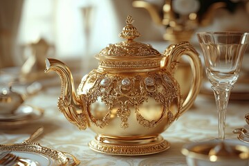 Ornate Gold Teapot with Intricate Detailing
