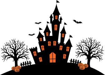 Halloween background, with haunted castle, in black and orange tones