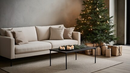 Cozy Living Room with Christmas Tree and Candles