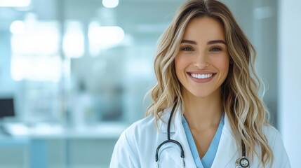 Smiling doctor with stethoscope greeting patient in bright hospital room, patientcentered care