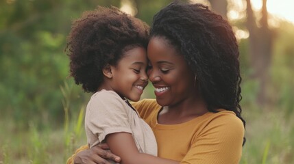 Happy black mother and daughter hugging on camping day in forest, enjoying love and joy outdoors