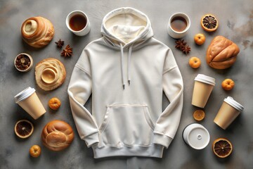 Flat lay of white hoodie mockup with autumnal accents and fresh fruits