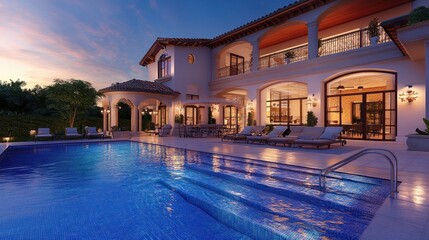 Luxury villa with large pool and outdoor seating area at twilight