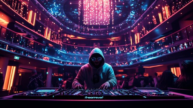 DJ Mixing Electrifying Beats at a Bustling Nightclub With Vibrant Lights and a Lively Dance Floor. Generative AI