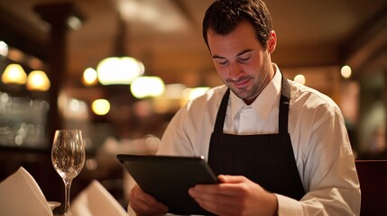 Obraz premium Restaurant Manager Updating Inventory on Tablet in Cozy Setting