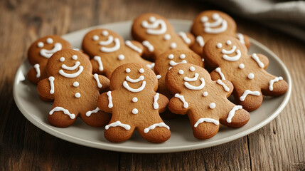Plate of gingerbread cookies with icing on wooden table for food photography
