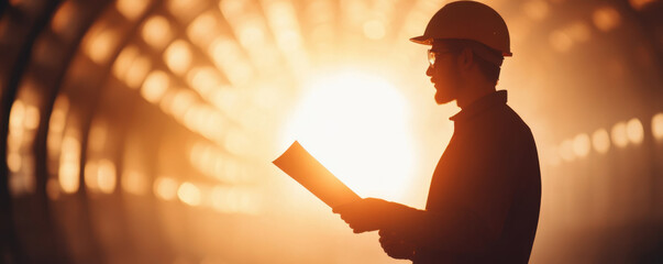 construction engineer examines blueprints in tunnel, illuminated by warm sunlight. scene captures dedication and focus required in engineering