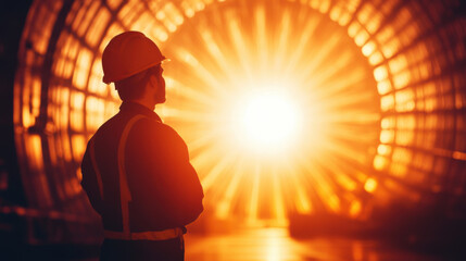worker observes large turbine illuminated by warm, glowing light, showcasing intricate design and engineering of machinery. scene conveys sense of awe and dedication to craft