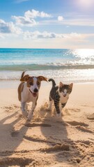 Dog and Cat Running Along the Beach Shoreline