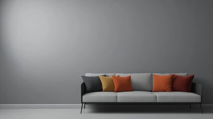 Minimalist interior design of modern living room with sofa with colourful pillows .