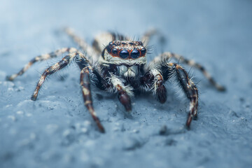 Jumping spider standing on a blue concrete surface.