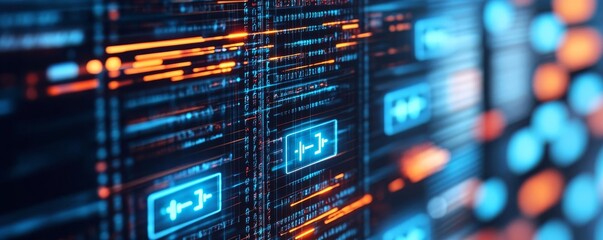 Naklejka premium Blockchain disruption, holographic display, digital nodes, cyber tech scene