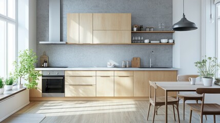 Minimalist Scandinavian kitchen with light wood cabinets, white walls and grey backsplash