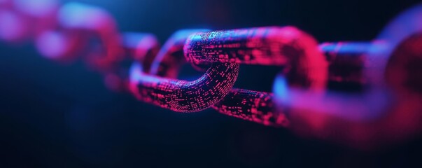 Blockchain disruption, virtual hologram threads, cyber-inspired tech scene, neon