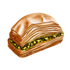 Turkish delicacy. Sweet dessert.Honey sweets with pistachios.Natural colors. Watercolor illustration. No background