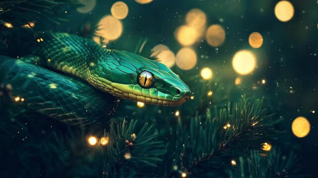 Green snake coiled on tree branches, shimmering Christmas patterns in background