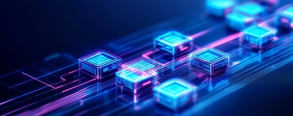 Obraz premium Blockchain disruption, virtual hologram web, digital tech scene, neon blue