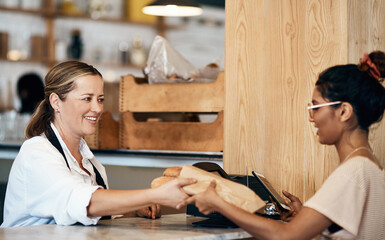 People, customer and phone for bakery payment, digital wallet and tap for breakfast transaction. Women, cashier and helping person with sale in restaurant, takeaway and internet for buying food