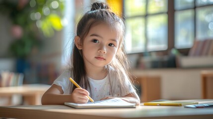 Cheerful Thai kindergarten girl in white uniform studying with focused attention