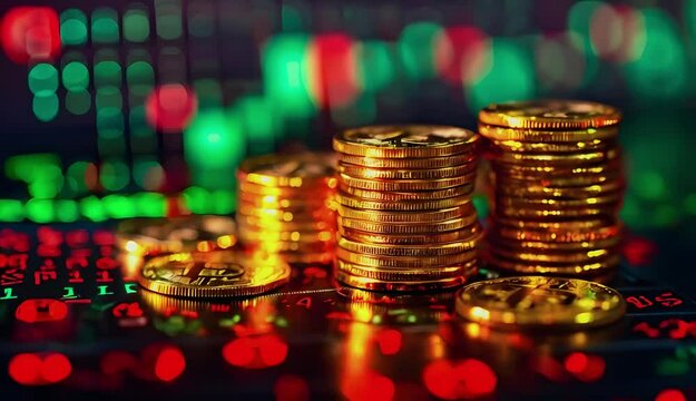 Cryptocurrency coins against tech binary abstract background.