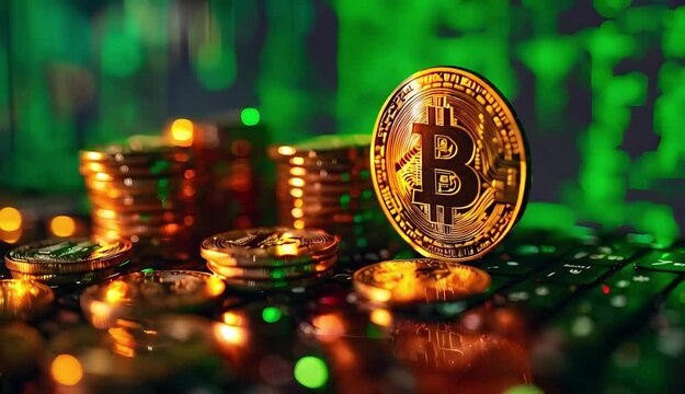 Cryptocurrency coins against tech binary abstract background.