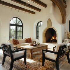 Contemporary cottage style living room: rustic coffee table between sofa and chairs, featuring fireplace and arched windows in Mediterranean home decor.
