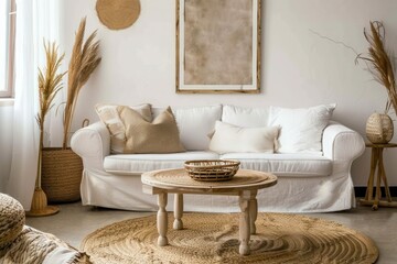 Boho country living room with rustic coffee table, wicker basket, and white sofa: stylish and modern interior design with art frame.