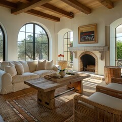 Stylish Mediterranean cottage living room: rustic coffee table between sofa and chairs, fireplace, and arched windows in modern home design.
