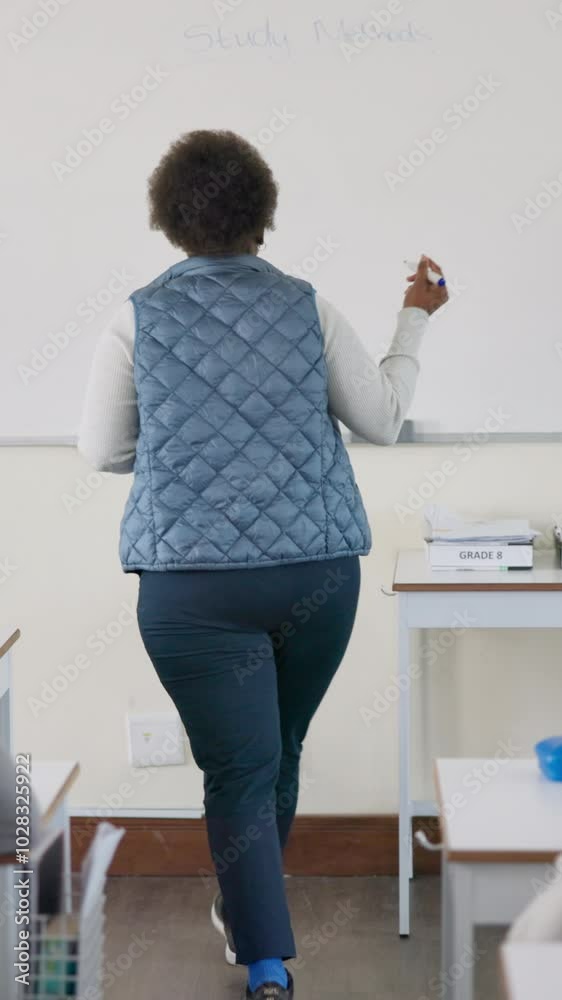 Poster education, presentation and study methods with student black woman in classroom of college for speec