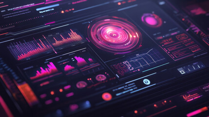 A futuristic design with holographic elements showing digital data and charts. It represents a world where technology connects with healthcare, communication, and computing, all on a high-tech.