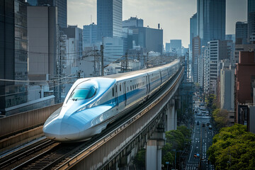 Naklejka premium High-speed bullet train gliding through an urban landscape