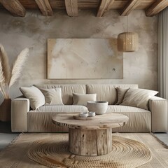 Japandi style in modern home: rustic coffee table near beige sofa against stucco wall adorned with stone decorative poster.